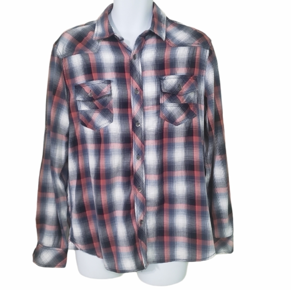 𝅺Rock & Republic Plaid Party Fall Outdoor Roll-Sleeve Western Button Shirt Men